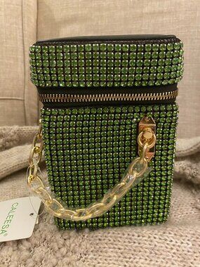 Green Sparkling Chain Link Rhinestone Crossbody Bag